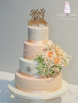 Peach & white 4 tier wedding cake sparkle